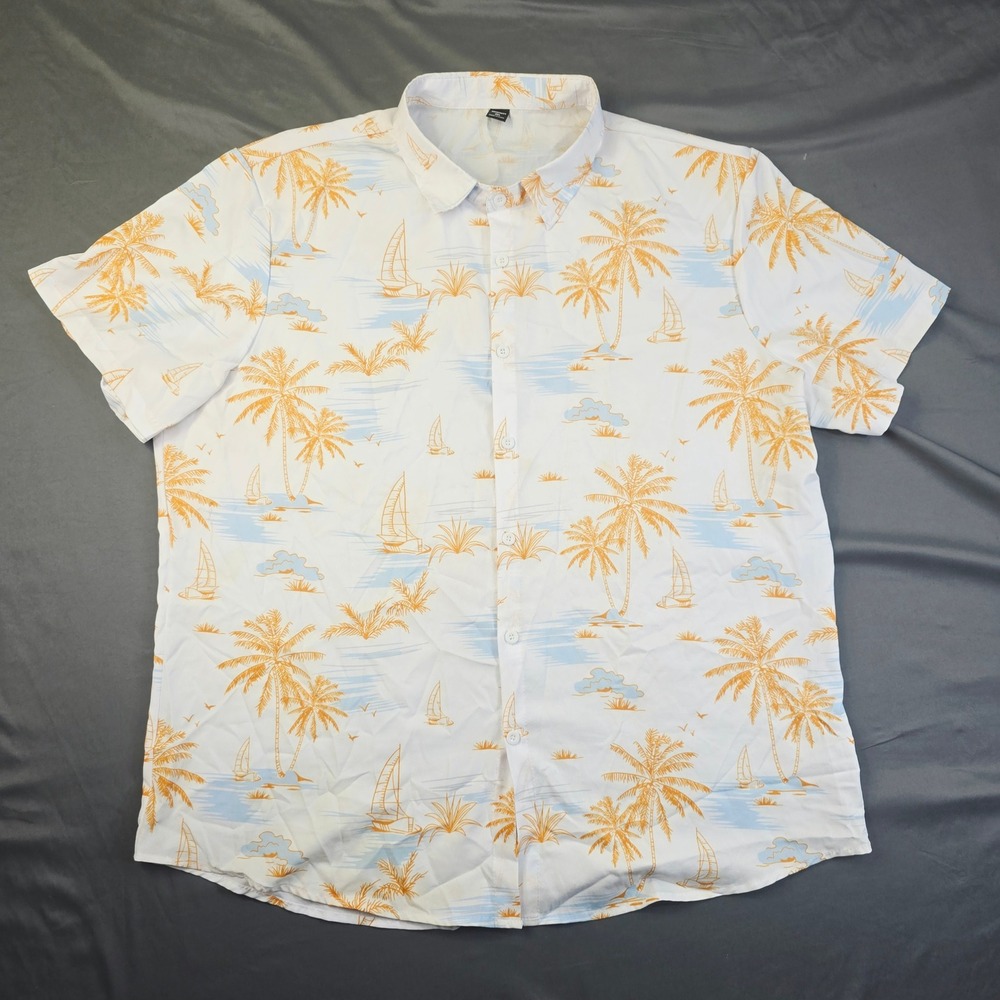 Manfinity Tropical Palm Tree Sailboat Button Down Shirt Men's 3XL White Orange